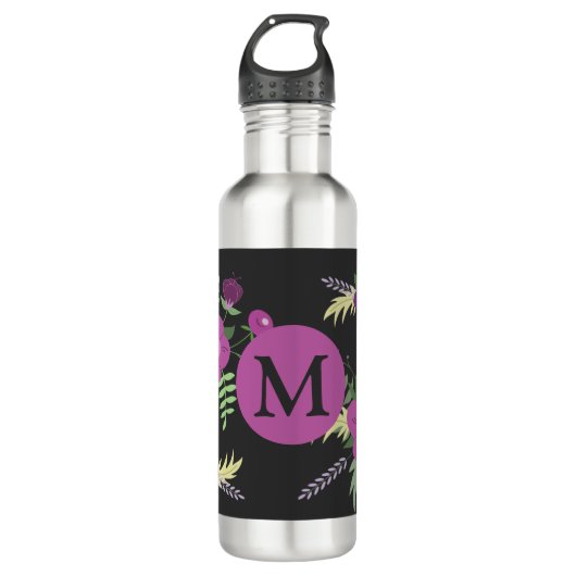 Bouteille D'eau Élégante Fleurs violettes Art sur Monogramme noir (Devant)