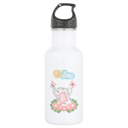Bouteille D'eau Eléphant mignon bébé avec fleurs roses (Devant)