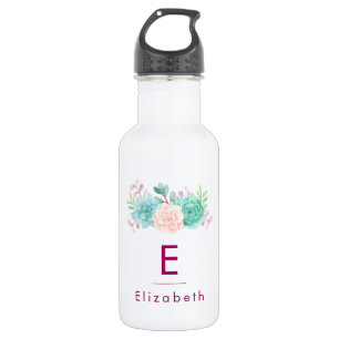 Bouteille D'eau En Acier Inoxydable Bouquet de fleurs rose et vert Pastel avec Monogra