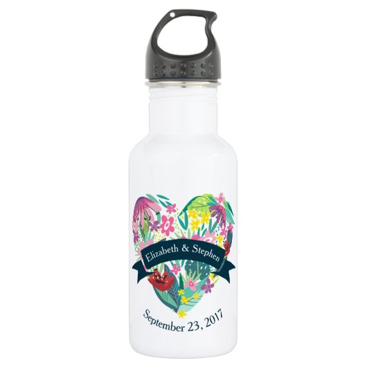 Bouteille D'eau En Acier Inoxydable Coeur floral mignon avec Mariage de fleurs tropica (Devant)