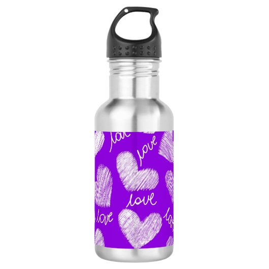 Bouteille D'eau En Acier Inoxydable Cute violet blanc Scribblé Coeur avec script d'amo (Devant)