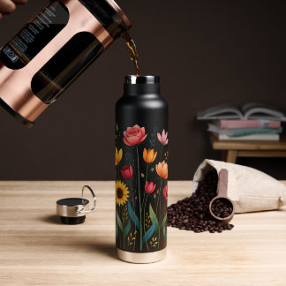 Bouteille d'eau en acier inoxydable de Floral noir