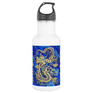 Bouteille D'eau En Acier Inoxydable Dragon d'or embouti sur papier satin bleu