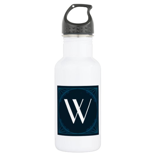 Bouteille D'eau En Acier Inoxydable Élégant Monogramme sur un Carré Art Déco Bleu (Devant)