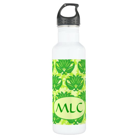 Bouteille D'eau En Acier Inoxydable Emerald Lime Green Art Nouveau Damask Monogramme (Devant)