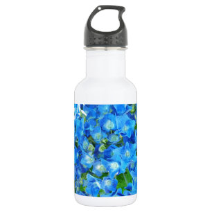 Bouteille D'eau En Acier Inoxydable Fleurs d'hortensia bleues. Photographie florale.