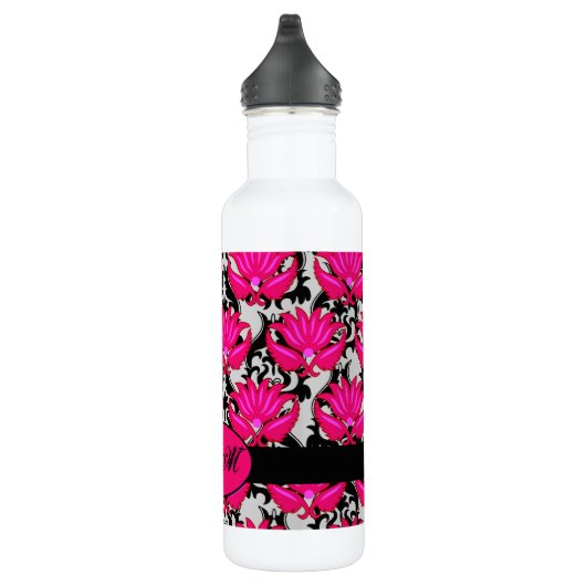 Bouteille D'eau En Acier Inoxydable Fuchsia rose noir gris parisien Damask Monogramme (Droite)