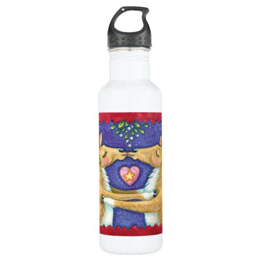 Bouteille D'eau En Acier Inoxydable Joli renne de Noël, Baiser romantique avec Mistlet (Devant)