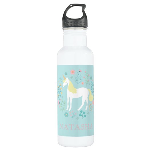 Bouteille D'eau En Acier Inoxydable Jolie licorne & Fleurs Aqua Personnalisé (Devant)