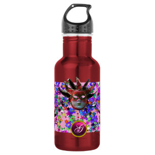 Bouteille D'eau En Acier Inoxydable MASQUE JESTER ROUGE NOIR, Monogramme de fête Masqu