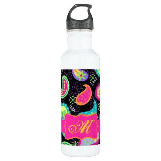 Bouteille D'eau En Acier Inoxydable Noir Fuchsia rose moderne Paisson Monogramme (Devant)