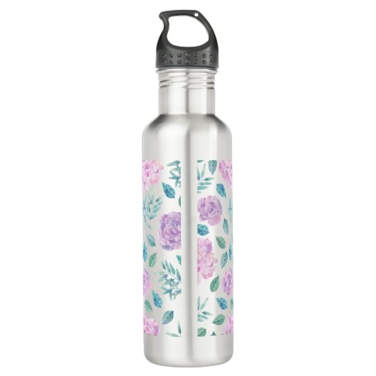 Bouteille D'eau En Acier Inoxydable Pastel Purple Fleurs Motif Monogramme (Dos)