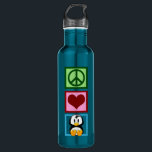 Bouteille D'eau En Acier Inoxydable Pingouins Peace Love<br><div class="desc">Un mignon manchot assis à côté d'un signe de paix et d'un coeur. J'adore les animaux adorables.</div>
