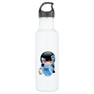Bouteille D'eau En Acier Inoxydable Poupée de Kokeshi d'hiver - fille de geisha bleue