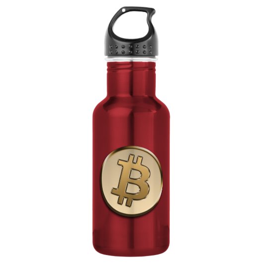 Bouteille d'eau en Bitcoin doré - ROUGE (Devant)