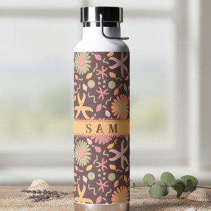 Bouteille D'eau Étoiles de mer et fleurs sur fond chocolat marron