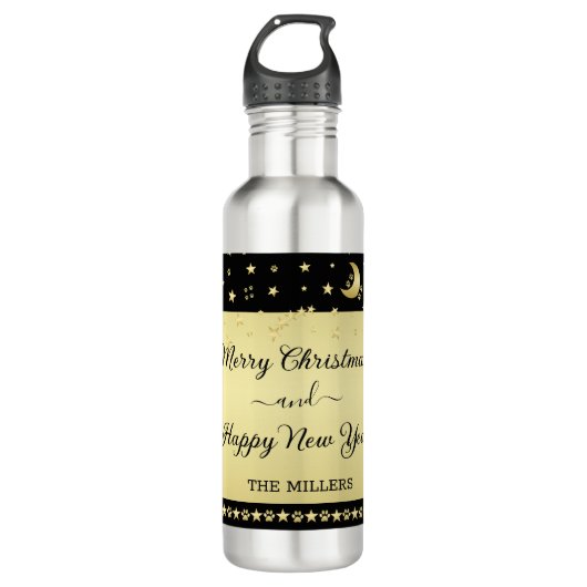 Bouteille D'eau Etoiles de Noël brillantes or, pattes sur or et no (Devant)