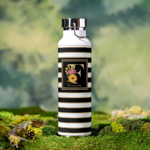Bouteille D'eau F Monogramme Floral Or Blancs noirs
