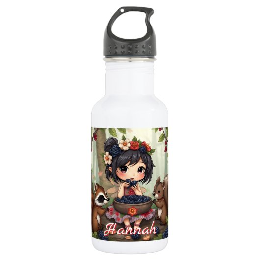 Bouteille D'eau Fée Chibi mangeant des mûres avec un ami de la for (Devant)