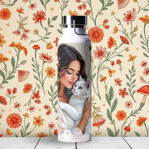 Bouteille D'eau Femme et chat blanc et pissenlits