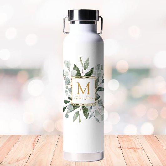 Bouteille D'eau Feuilles tropicales vertes aquarelle Monogramme