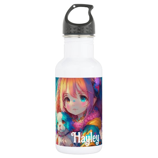 Bouteille D'eau Fille Anime personnalisée avec chiot (Devant)