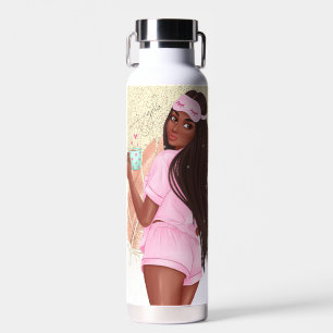 Bouteille D'eau Fille aux cheveux ondulés noirs avec faux brillant
