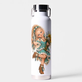 Bouteille D'eau Fille aux fleurs verte et orange Bohème