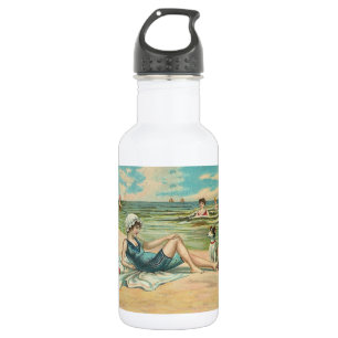 Bouteille D'eau Fille et chien victoriens vintage au bord de la me
