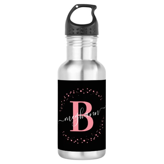 Bouteille D'eau Fille moderne noir rose Nom Script Monogramme (Devant)