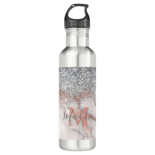 Bouteille D'eau Fille Rose Gold Marbre Argent Nom monogramme (Devant)