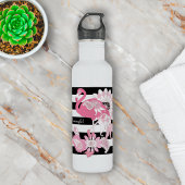 Bouteille D'eau Flamant rose moderne noir rayé rose pastel