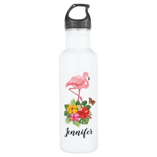 Bouteille D'eau Flamant rose rose & Hibiscus Tropical Fancy (Devant)