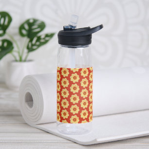 Bouteille D'eau Fleur Dahlia Jaune Motif sur Rouge