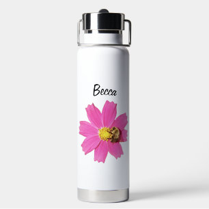 Bouteille D'eau Fleur de cosmos rose vif avec une abeille personna