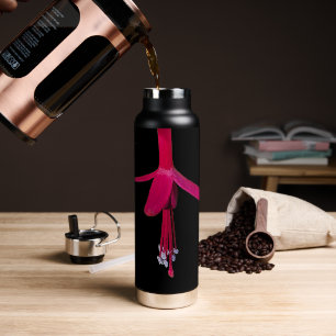 Bouteille D'eau Fleur de Fuchsia rose vif sur fond noir