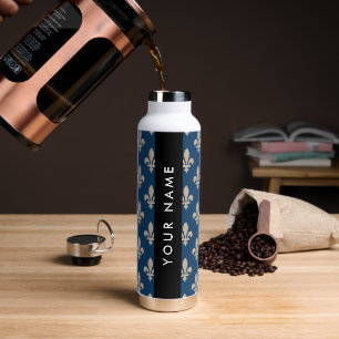Bouteille D'eau Fleur de Lis, Beige sur Bleu Nuit, Royal, Votre No