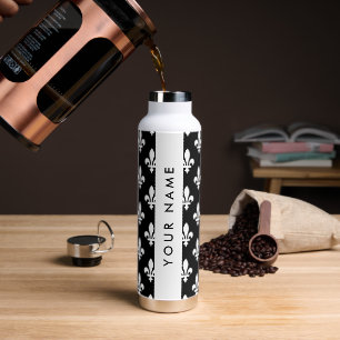 Bouteille D'eau Fleur de Lis, Blanc sur Noir, Blanc, Votre Nom
