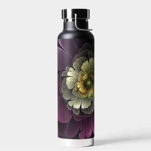 Bouteille D'eau Fleur fractale grise de pourpre moderne abstraite