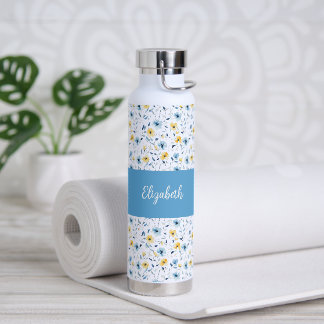 Bouteille D'eau Fleur sauvage bleue et jaune aquarelle monogramme