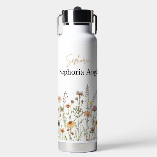 Bouteille d'eau Fleur Sauvage Boho avec nom person (Salle de sport)