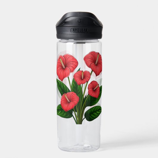 Bouteille D'eau Fleurs d'anthurium rouges avec des feuilles vertes (Arrière)