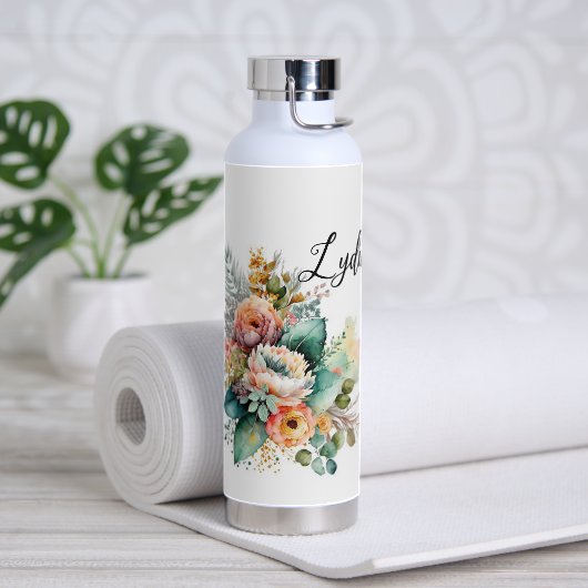 Bouteille D'eau Fleurs d'aquarelle avec nom (Yoga)