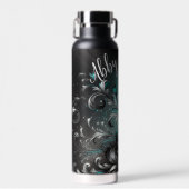 Bouteille D'eau Fleurs de parties scintillant Turquoises et noires (Avant)