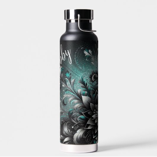 Bouteille D'eau Fleurs de parties scintillant Turquoises et noires (Gauche)
