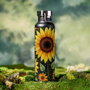 Bouteille D'eau Fleurs de soleil jaunes sur le noir