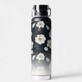 Bouteille D'eau Fleurs d'or blanc, Nom personnalisé Monogramme (Arrière)
