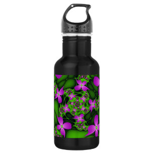 Bouteille D'eau Fleurs fractales Abstraites de néon rose vert