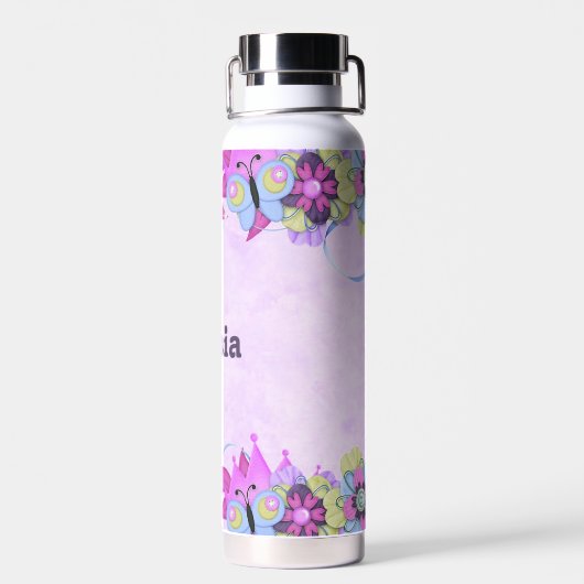 Bouteille D'eau Fleurs mignonnes et papillons sur violet (Arrière)