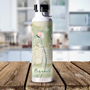 Bouteille D'eau Fleurs Moss Green & White Pastel Personnalisées